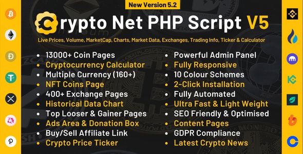 Crypto Net V6.1 – Coinmarketcap, Prices, Chart, Exchanges, Crypto Tracker, Calculator & Ticker Php Script