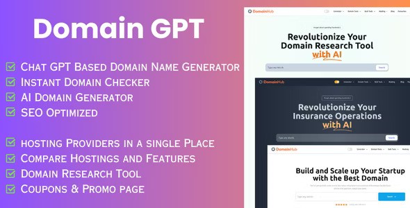 Domain GPT – AI Domain Name Generator | Domain Tools | React Nextjs script. (9 August 2024)