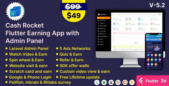 Cash Rocket v6.4 – Flutter Online Earning App with Admin Panel