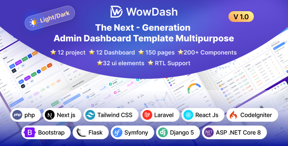 WowDash v1.0.2 – Tailwind, Bootstrap, React, Next, Django, Php, Laravel ASP.net Admin Dashboard