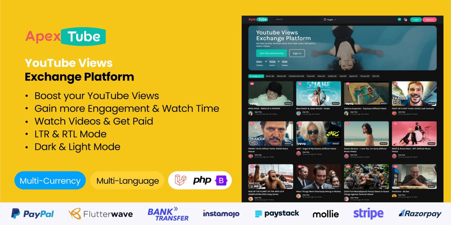 ApexTube v1.0.0 – YouTube 观看次数交换平台