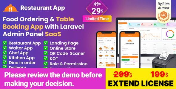 Restaurant App v3.4 – 在线订餐、预订餐位，基于 Laravel 管理面板的 SaaS 餐厅应用